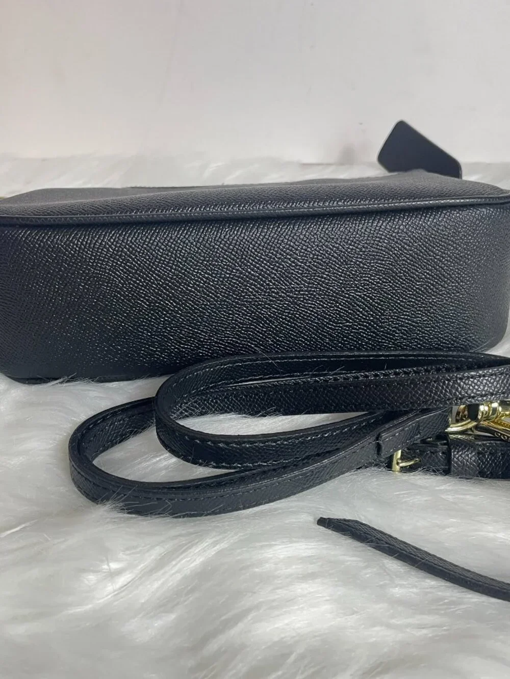 Black zipper top small shoulder bag with extra long strap